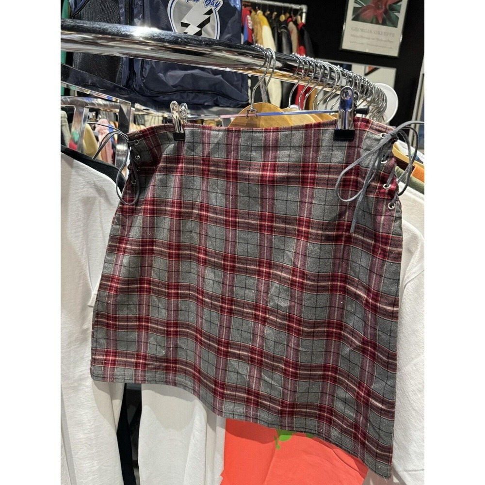 Vintage 90s Gray Red Sparkly Laced Up Sides Plaid Mini Skirt Size Large